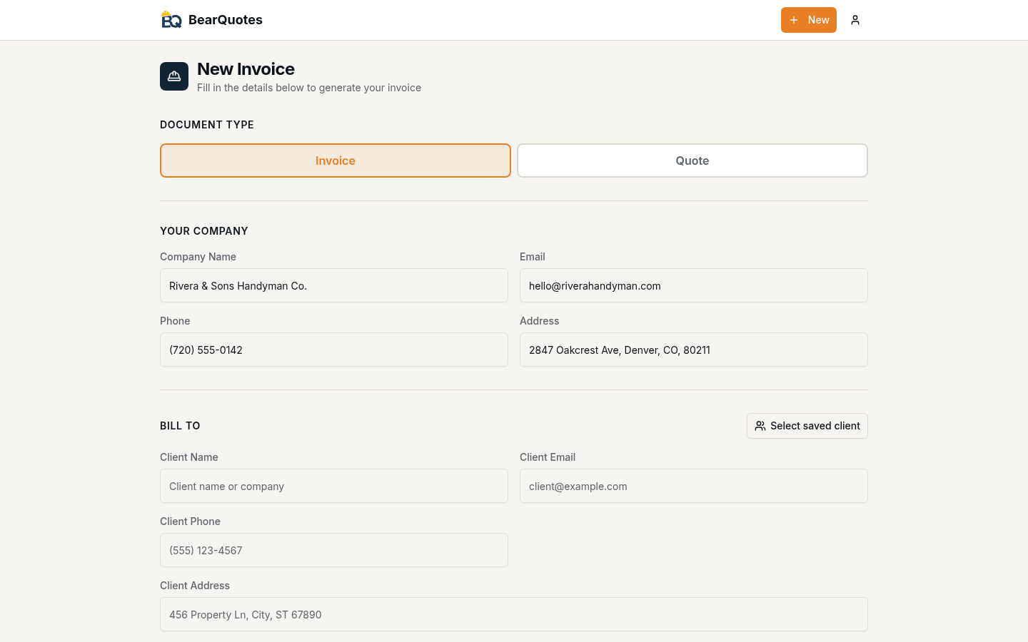 BearQuotes document builder with an invoice/quote toggle and prefilled company details