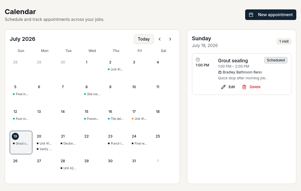 BearQuotes calendar showing a color-coded month of appointments with a day-view run sheet of scheduled job visits