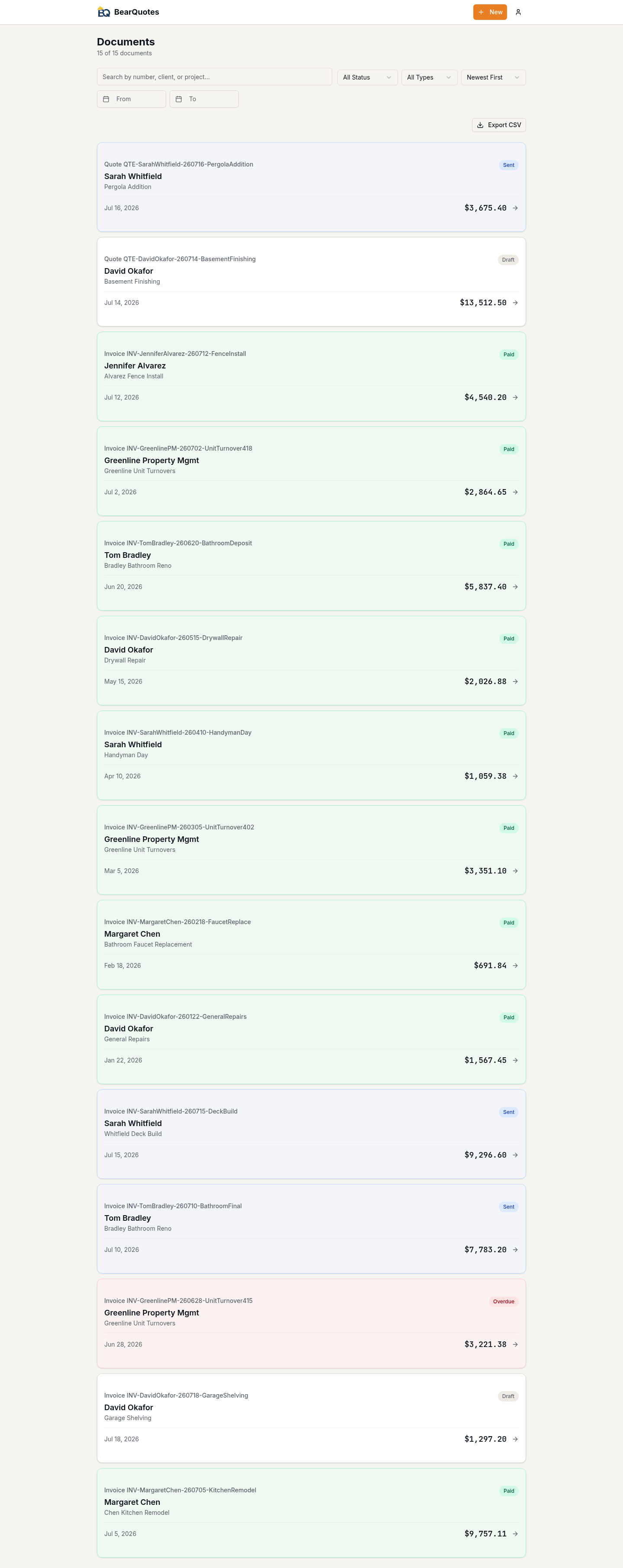 BearQuotes documents list with color-coded paid, sent, and overdue statuses