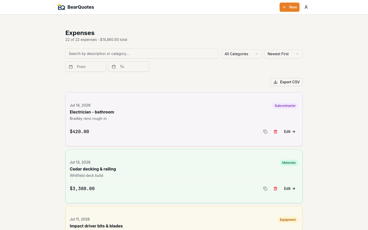 BearQuotes expense tracker with categorized, color-coded expenses for a handyman business