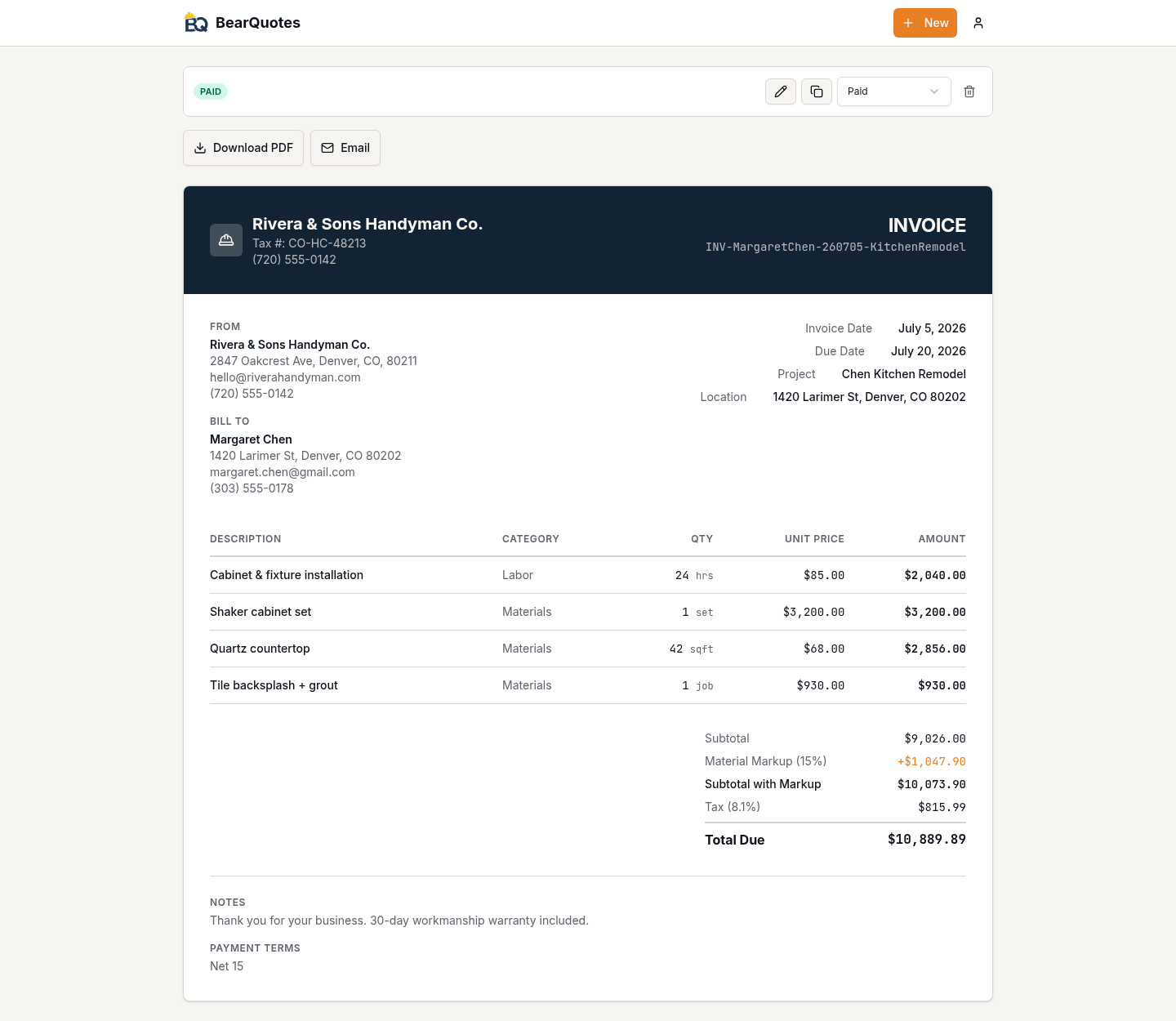 A professional BearQuotes invoice showing line items, material markup, tax, and total due