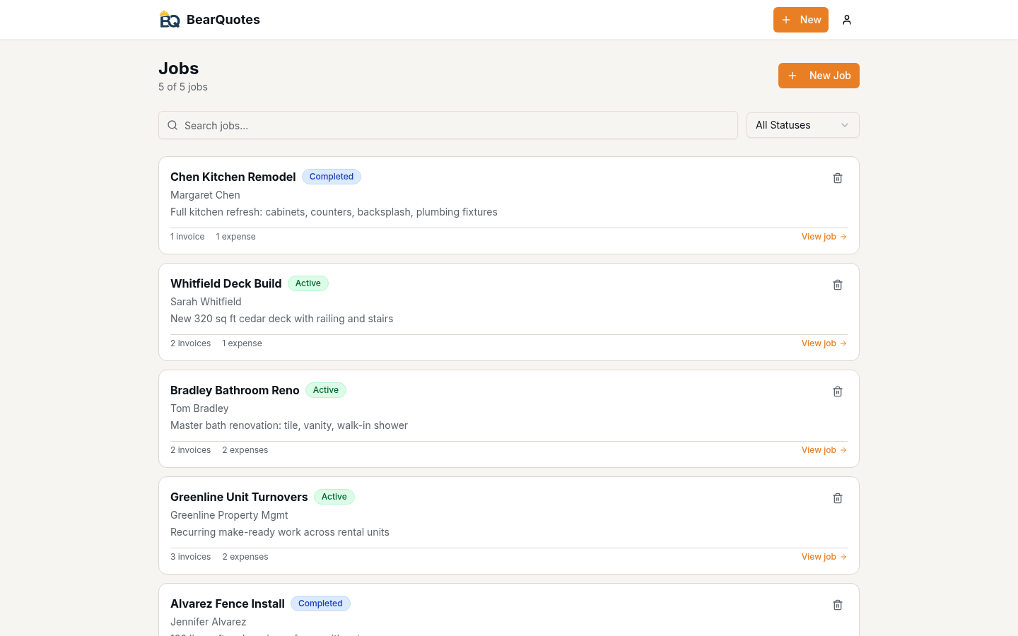 BearQuotes jobs list showing each job with its linked invoices and expenses